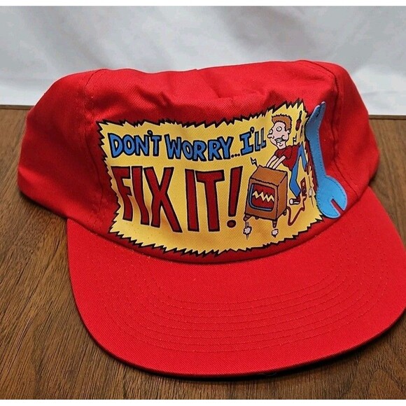 Vintage 80s 90s Don't Worry I'll Fix it Red Funny Hat Cap Snapback Dad Novelty - Picture 1 of 11